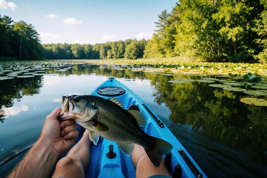 Man holds large largemouth bass caught kayak fishing on calm lake. Person sits in blue kayak near lily pads, forest. Summer outdoor hobby activity shows successful catch in natural freshwater pond