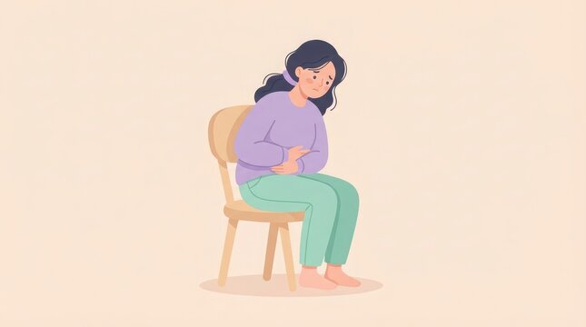A flat vector illustration of a young woman sitting on a wooden chair while experiencing physical stomach discomfort or menstrual pain