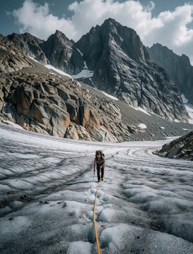 Male adventurer climbs icy glacier with backpack, icepick. Hiker moves across frozen snow field using rope for safety. Extreme mountain trekking in rocky wilderness. Man performs climbing activity