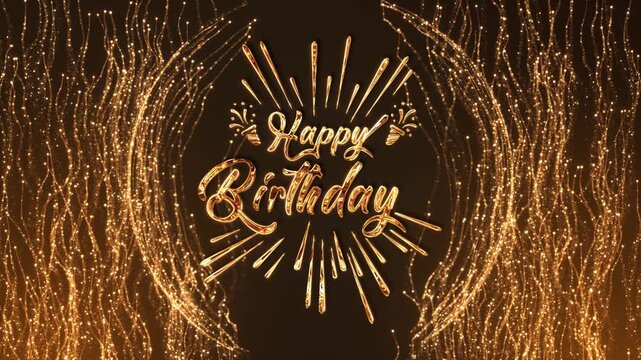 Elegant golden birthday lettering glows within a symmetrical frame of rising glitter trails and festive line icons. Perfect for celebration intros, anniversary wishes, social greetings and promotions.