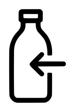 Hand drawn vector icon of a glass bottle with a leftward arrow indicating bottle return, recycle, or refund for sustainability, minimalist black outline illustration on transparent background, simple