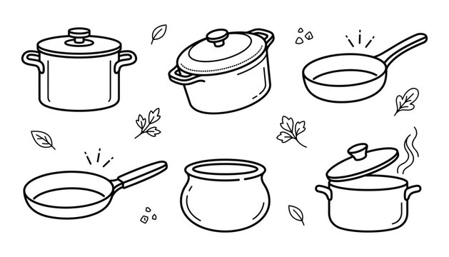 Kitchen cookware outline vector collection featuring pots frying pans and culinary elements perfect for cooking and recipe designs