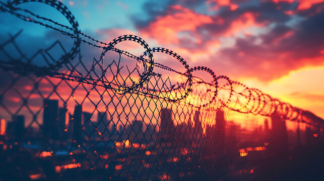 Barbed wire fence against dramatic sunset sky over a city skyline.