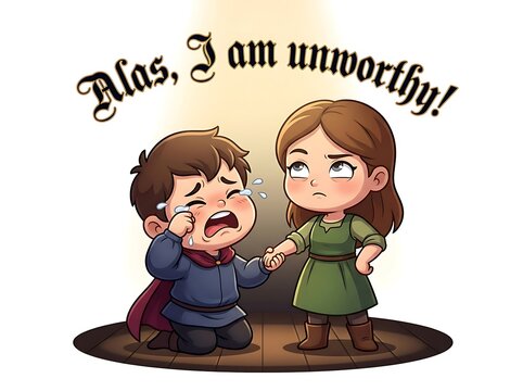 Alas I am unworthy! Cute cartoon couple drama. Boy crying kneeling beg forgiveness. Girl shocked angry. Retro medieval text font. Fantasy illustration