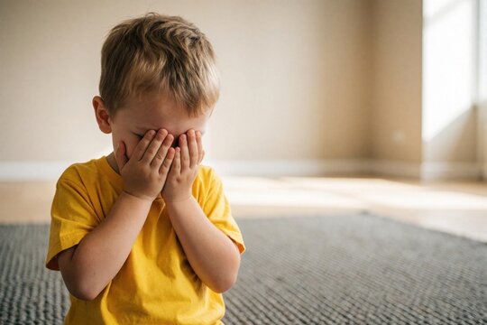 Little boy hides face in hands. Young child sits on floor, crying from sadness or pain. Indoor scene with soft light, representing childhood emotions and stress.