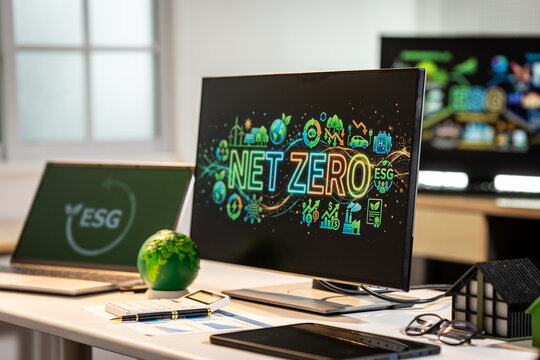 Office desk with monitors showing net zero and esg sustainability graphics, globe, papers, glasses and laptop in a modern workspace