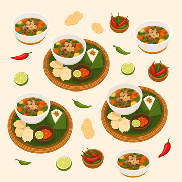 Indonesian Sop Buntut Oxtail Soup Food Pattern with Rice, Crackers, Chili and Lime