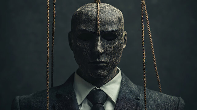 Creepy marionette puppet man in suit controlled by invisible strings.