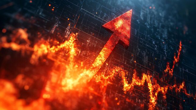 Fiery upward arrow symbolizing financial growth and business success.
