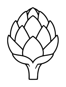 Hand-traced vector icon illustration of an artichoke vegetable with layered pointed leaves and a sturdy stem, rendered in clean black outlines on a white background, perfect for culinary and