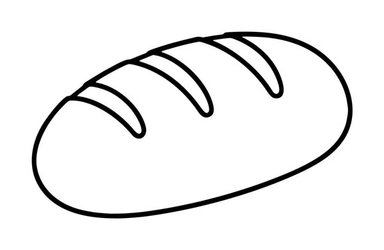 Hand-drawn vector icon illustration of a classic oval bread loaf with diagonal score marks across the top crust, simple black outline doodle style on white background, bakery and food graphic