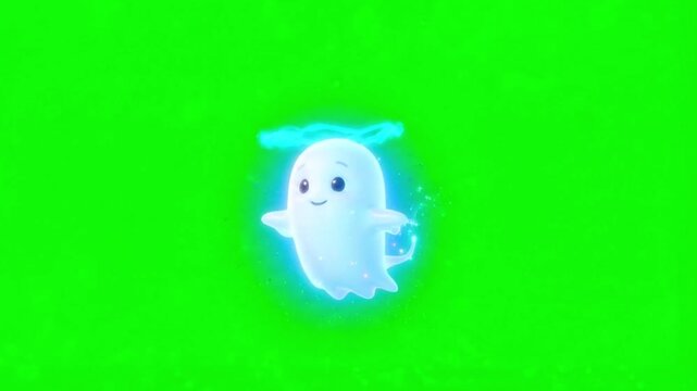 Cute glowing ghost character with blue halo on a green screen background