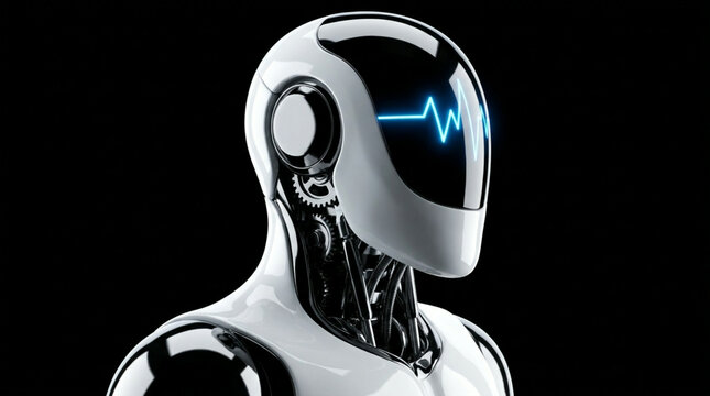 Portrait of a futuristic humanoid robot with a glowing blue heartbeat display on visor