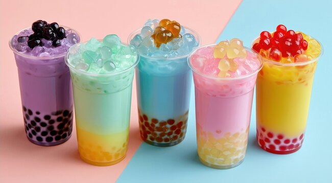 Vibrant lineup of five bubble tea cups with colorful tapioca pearls and jelly toppings