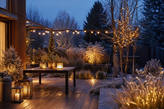 Empty winter garden terrace with warm lights and lanterns, ideal for New Year outdoor living, home entertaining and seasonal decor campaigns