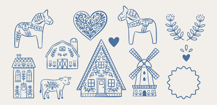 Hand drawn Scandinavian folk art doodle set featuring dala horse, rustic barn, cottage, cow, windmill, floral heart and Nordic elements