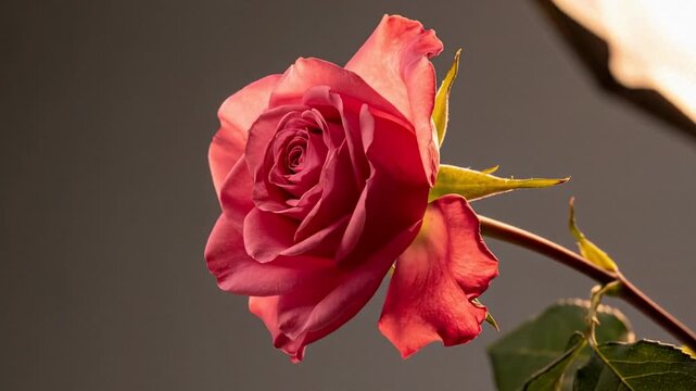 A stunning close up of a vibrant pink rose blossom; its velvety petals unfold beautifully against a dark background; perfect for romantic or nature themed designs