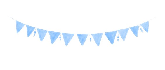 Obraz premium Minimalist Watercolor Blue Bunting Garlands with Triangular Flags on White Background Raster Illustration