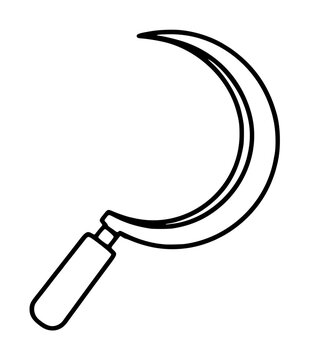 Hand-traced curved sickle with wooden handle black outline vector icon illustration, isolated handcrafted agricultural farming tool drawing, minimalist horticulture graphic symbol for harvest