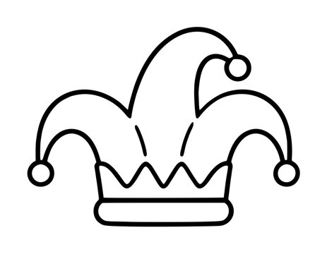 Hand-traced jester hat vector icon illustration featuring a classic three-point court fool cap with playful bells, rendered in clean minimalist black outline line art style on white background