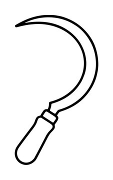 Hand-drawn sickle tool vector icon illustration with curved crescent blade and wooden grip handle, simple black outline agricultural harvesting implement for farming graphic design use