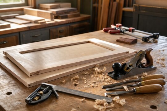 Finish carpentry bench with cabinet door, hand plane and precision tools, ideal for woodworking, renovation and skilled trade campaigns