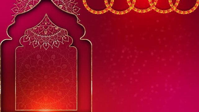 Elegant crimson and magenta backdrop combines temple arch motifs, floral mandala art and festive flower strings. Perfect for Indian wedding openers, puja invitations, Haldi functions and celebrations.