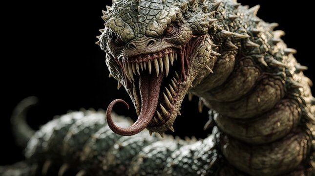 Monster snake in reptile scales with sharp teeth. Illustration of a fearsome dragon-like animal breathing scales and tongue. Artistic rendition of a menacing open-mouthed cartoony creature.
