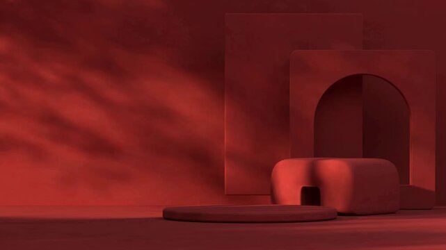 Minimalist red product display podium with shifting leaf shadows and geometric archways in cinematic video.