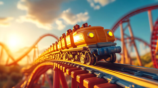Roller coaster ride at sunset in an exciting amusement park.