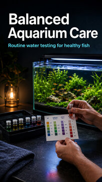 A person is checking water quality for an aquarium. The test kit shows various colors that indicate pH levels. The aquarium has plants and a calm atmosphere