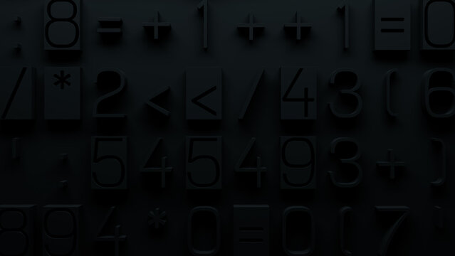 High-Detail 3D Render of Randomly Arranged Mathematical Symbols and Numbers on Dark Background, Featuring Plus Signs, Equals Signs, and Asterisks for Software Development and Education Use