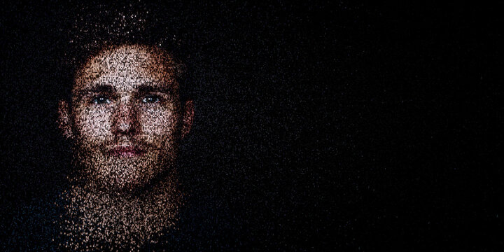 Digital ID Portrait of European Man with Face made up of Data. Identity fraud Concept with copy-space.