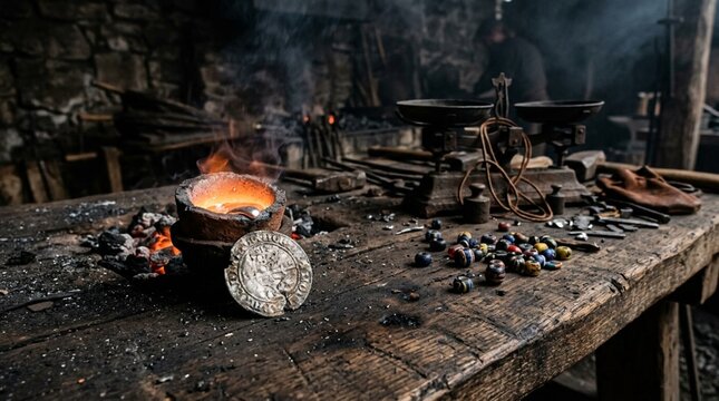 Weathered silver coin fragment resting beside glowing molten metal crucible on rustic wooden workbench with vintage scale and scattered gems