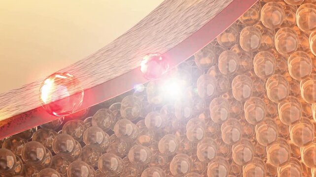 Collagen peptide spheres penetrating skin layers animation representing moisturizing absorption effect.