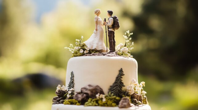 Wedding cake with an outdoor nature theme stands displayed outdoors against a softly blurred green forest background.