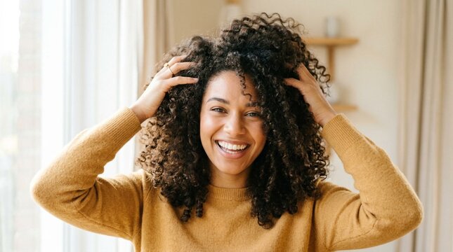 Smiling young woman with voluminous curly hair pushing both hands through her curls near her temples in a bright cozy living room, joyful natural beauty and confidence