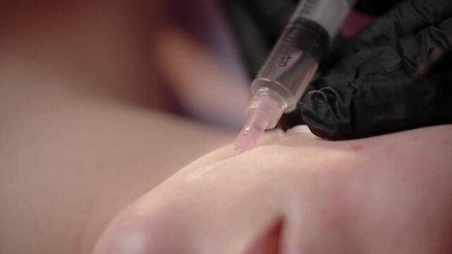 Professional dermatologist injects cosmetic filler into patient cheek during facial skin rejuvenation clinic.