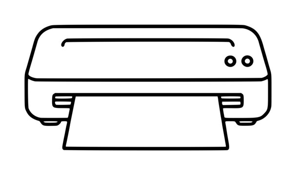 Hand-traced black and white vector illustration of a desktop thermal laminator machine with paper sheet feeding through the slot, minimal outline icon style