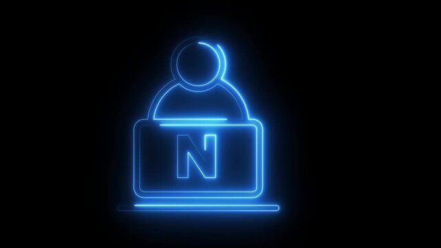 Neon news anchor icon glowing blue on black background featuring broadcast reporter motion