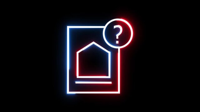 Neon sign showing a house icon with a question mark symbol on a dark black background wall