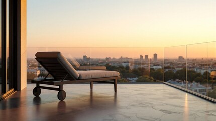 Fototapeta premium Modern luxury balcony with lounge chair at sunset. Minimalist terrace overlooks urban city skyline during golden hour. Stylish outdoor furniture on concrete floor with glass railing. Peaceful rooftop