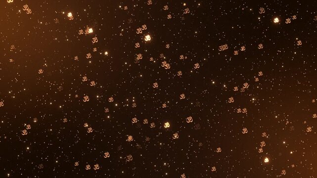 Multiple radiant Aum icons drift across a warm dark amber particle field, creating a peaceful sacred pattern. Perfect for mindfulness, worship, temple screens, Indian ceremonies and spiritual openers.