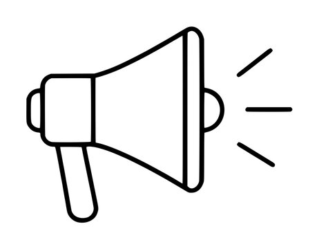 Hand-drawn megaphone bullhorn vector icon illustration with sound waves, minimalist black outline design for marketing and announcement graphics