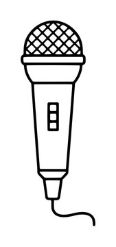 Hand-drawn black outline vector icon illustration of a classic microphone with mesh grille, on-off switch, tapered handle, and curly cable, isolated on white background for broadcasting themes