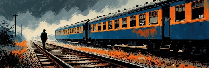 Obraz premium Man walks beside old blue and orange train on deserted tracks under dramatic sky. Vintage comic style art depicts loneliness and journey into unknown. Rural landscape setting.