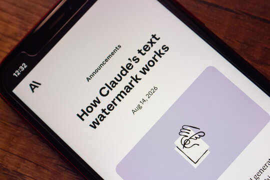 Mexico City, MEXICO - Aug 18 2026 : Close-up of an iPhone showing an announcement article headlined How Claude's text watermark works.