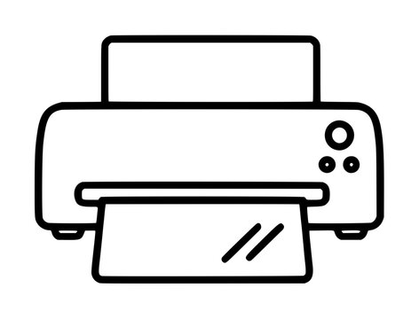 Hand-drawn black outline vector icon illustration of a compact desktop laminator machine with paper sheet emerging from output tray, simple line art style for office document finishing