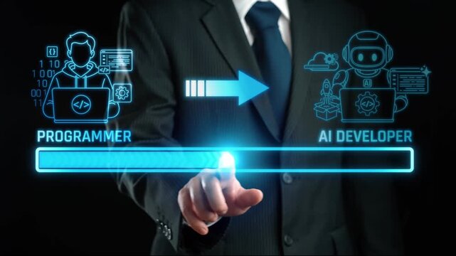 Transition from Programmer to AI Developer with Digital Transformation Symbols and Futuristic Graphics in Business Settings. Liminal.