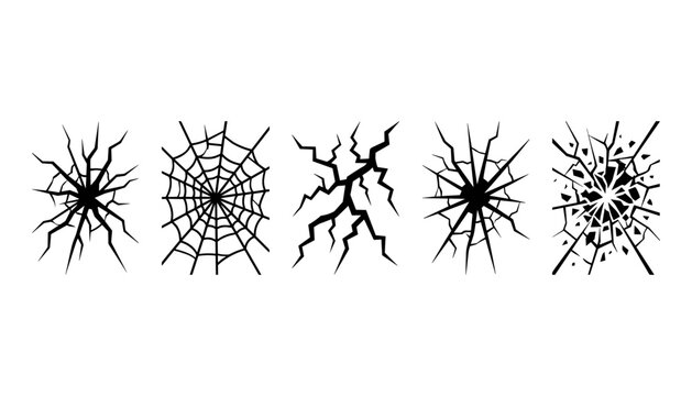 Vector icons depicting various types of cracks and a spider web